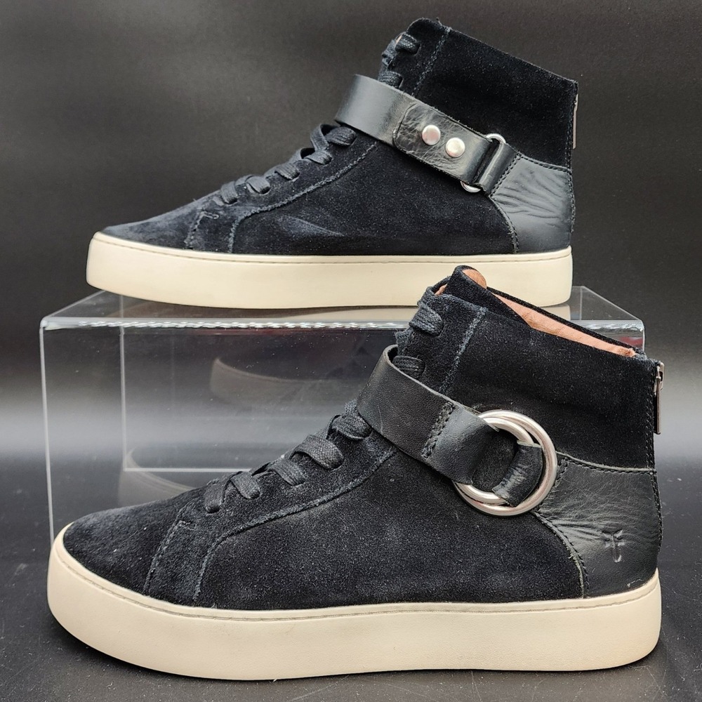 Frye 8M Black Suede Moto High Top Sneaker Buckle Back Zip Urban Grunge Street